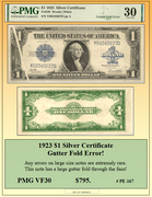 1923 $1 Silver Certificate Gutter Fold Currency Error ~ PMG VF30 ~ #PE-167