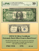1935-E $1 Silver Certificate Extremely Dark Offset front to Back Currency Error! #PE-168