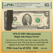 1976 $2 FRN (Bicentennial) Major Ink Smear Currency Error! ~ PMG GEM UNC65 ~ #PE-193