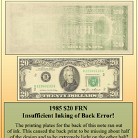 1985 $20 FRN Insufficient Inking of Back Currency Error! ~ PCGS GEM UNC65 ~ #PE-195