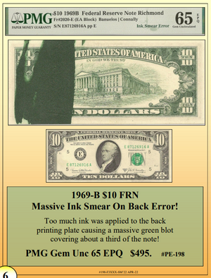 1969-B $10 FRN Massive Ink Smear On Back Currency Error! ~ PMG GEM UNC65 ~ #PE-198