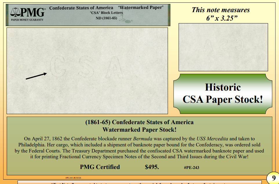 (1861-65) Confederate States of America  Watermarked Paper Stock! ~ PMG Certified ~ #PE-243