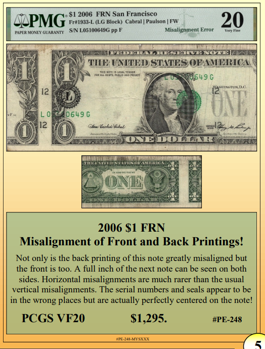 2006 $1 FRN Misalignment of Front and Back Printings! ~ PCGS VF20 ~ #PE-248