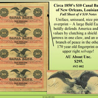 Circa 1850's $10 Canal Bank of New Orleans, Louisiana Uncut Sheet #ST-002