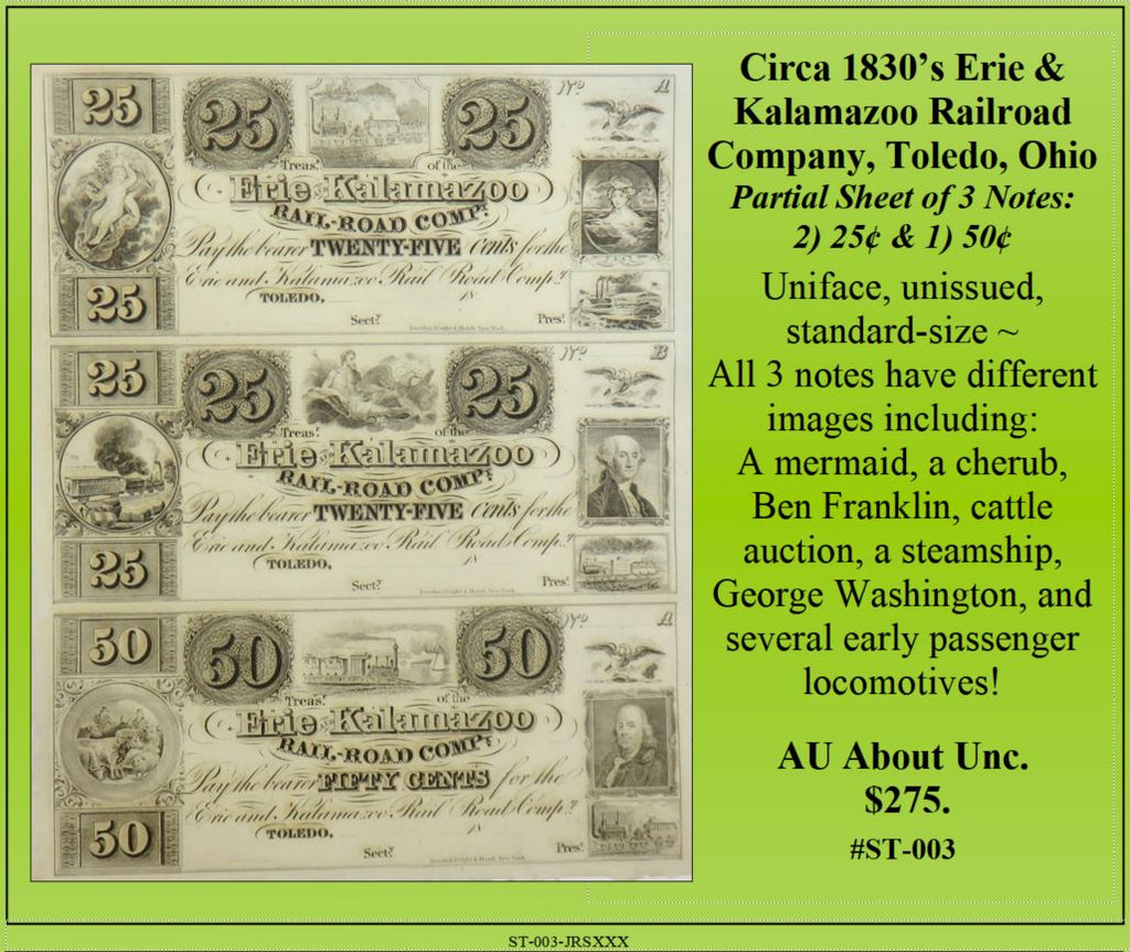 Circa 1830's Erie & Kalamazoo Railroad Company, Toledo, Ohio Partial Uncut Sheet #ST-003