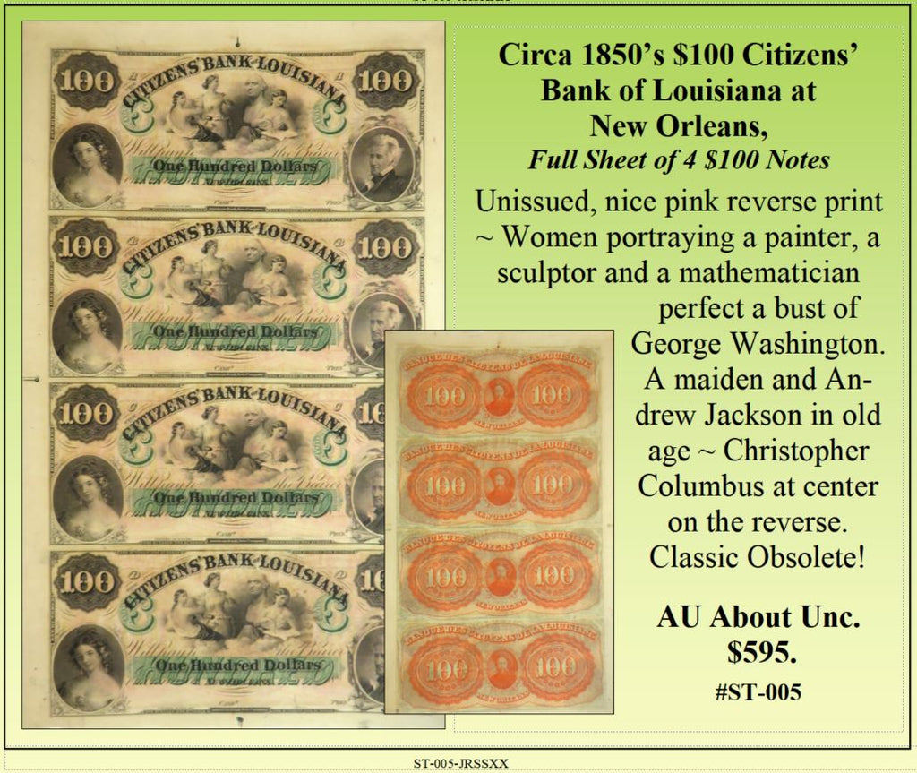 Circa 1850's $100 Citizens' Bank of Louisiana at New Orleans Uncut Sheet #ST-005