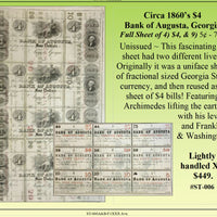 Circa 1860's $4 Bank of Augusta, Georgia Uncut Sheet #ST-006