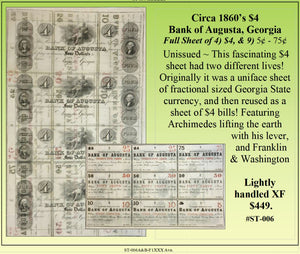 Circa 1860's $4 Bank of Augusta, Georgia Uncut Sheet #ST-006