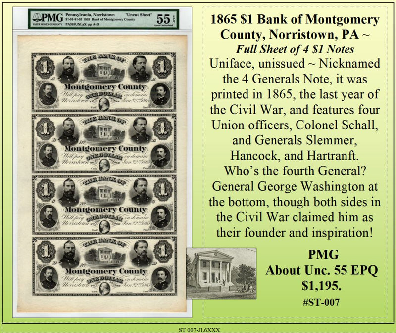 Union Banknote, 1865. /Nstate Of Pennsylvania Banknote For One Dollar  Issued By The Bank Of Montgomery County, 1865, And Featuring Portraits Of  Four Union Officers From Montgomery County (Clockwise From Top Left