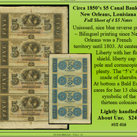 Circa 1850’s $5 Canal Bank of New Orleans, Louisiana #ST-016