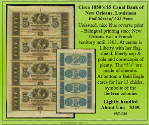 Circa 1850’s $5 Canal Bank of New Orleans, Louisiana #ST-016