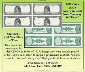 1929 Circa 1980’s  American Bank Note Company 10 "Units" #ST-109