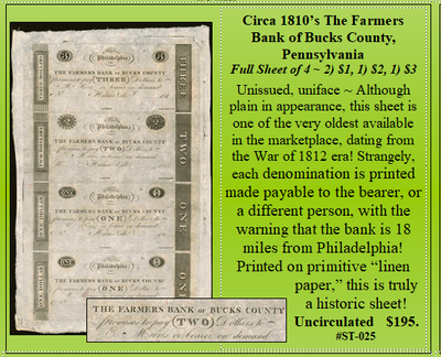 Circa 1810’s The Farmers Bank of Bucks County, Pennsylvania #ST-025