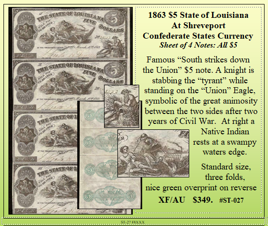 1863 $5 State of Louisiana At Shreveport Confederate States Currency #ST-027