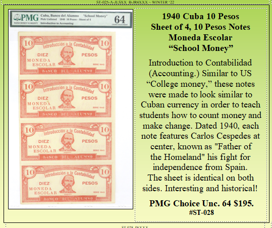 1940 Cuba 10 Pesos  Sheet of 4, 10 Pesos Notes Moneda Escolar  “School Money” #ST-028