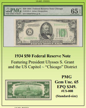 1934 $50 Federal Reserve Note ~ PMG GEM UNC65 ~ #US-008