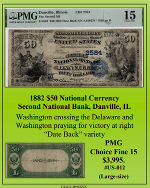 1882 $50 National Currency  Second National Bank, Danville, IL ~ PMG Fine 15 ~#US-012