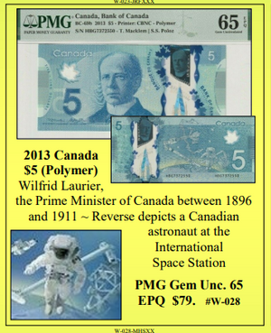 2013 Canada  $5 (Polymer) ~ PMG GEM UNC65 ~ #W-028