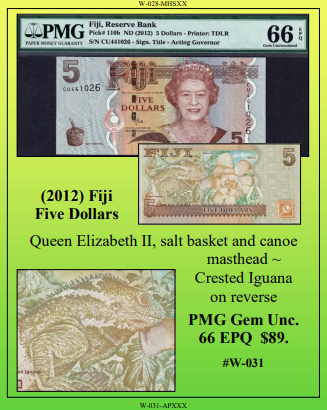 (2012) Fiji Five Dollars ~ PMG GEM UNC66 ~ #W-031