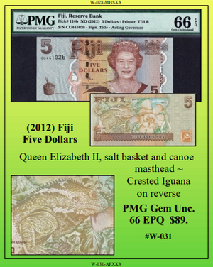 (2012) Fiji Five Dollars ~ PMG GEM UNC66 ~ #W-031