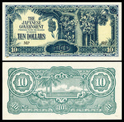 1944 Japanese Occupied Malaysia Ten Dollars “Banana Tree” World Currency, Almost Uncirculated