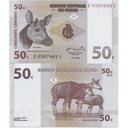 1997 Congo 50 Centimes “Okapis” World Currency, Uncirculated
