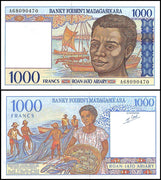 1994 Madagascar 1000 Francs “Fishermen with nets & catch” World Currency, Uncirculated